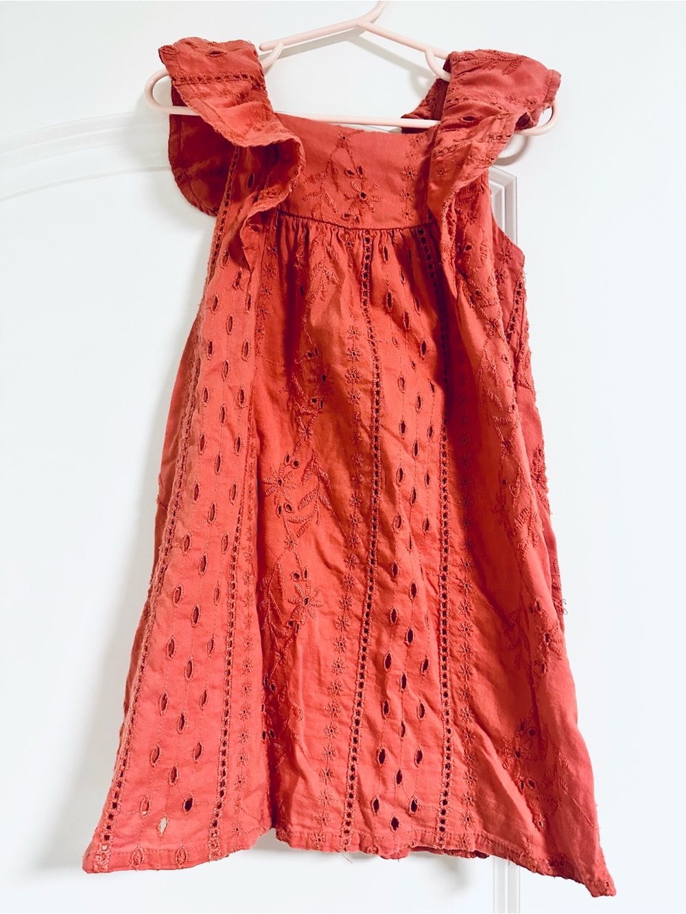 Rust Eyelet Ruffle-Sleeve Dress